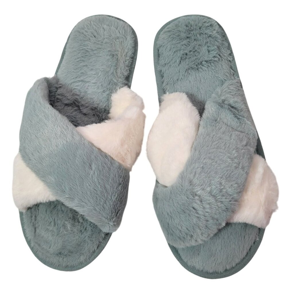 Women's Blue & White Cross-Strap Faux Fur Slide Slippers Size 11